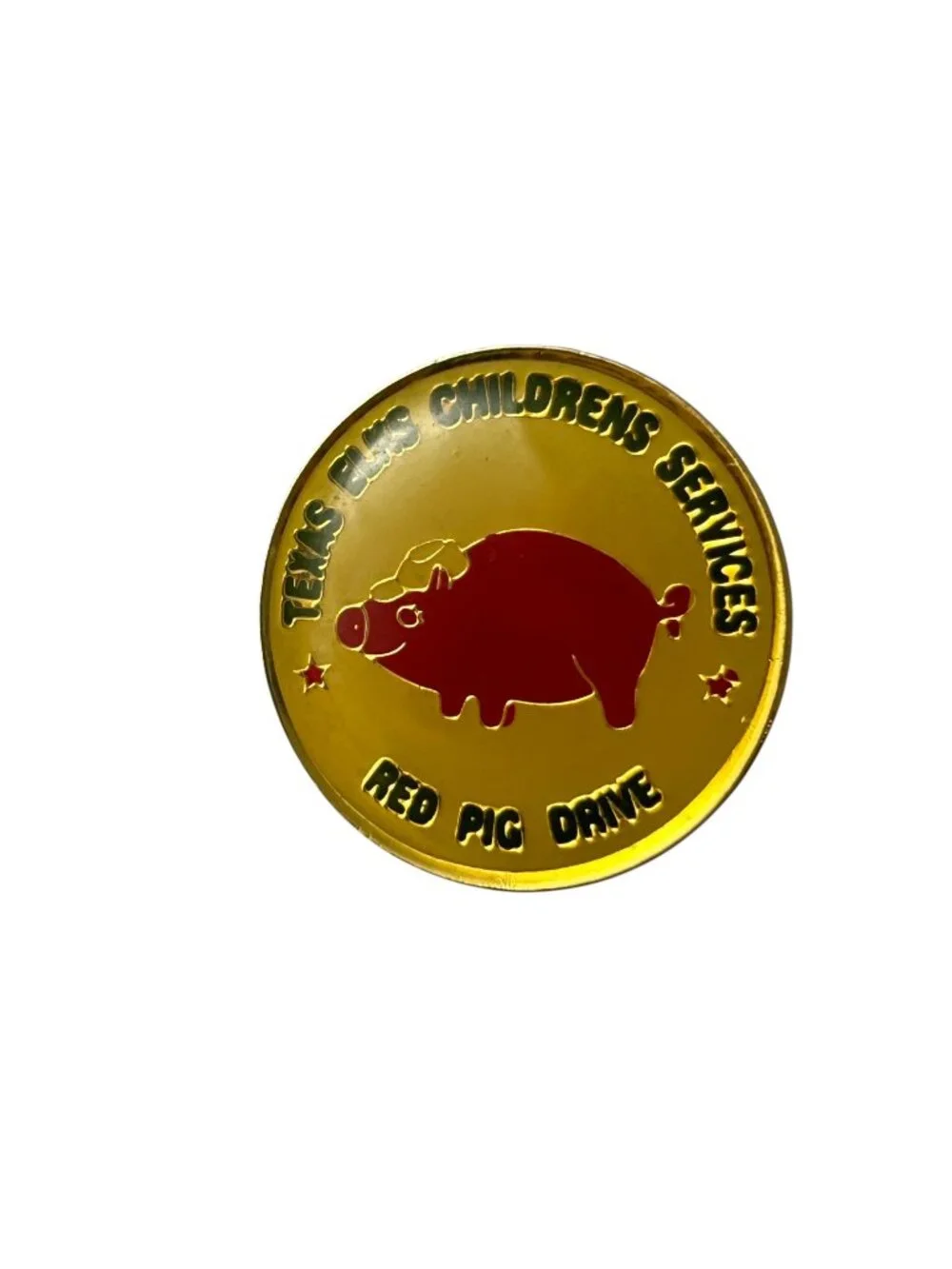 Texas Elks Childrens Services Red Pig Yellow Lapel Pin Round Enamel